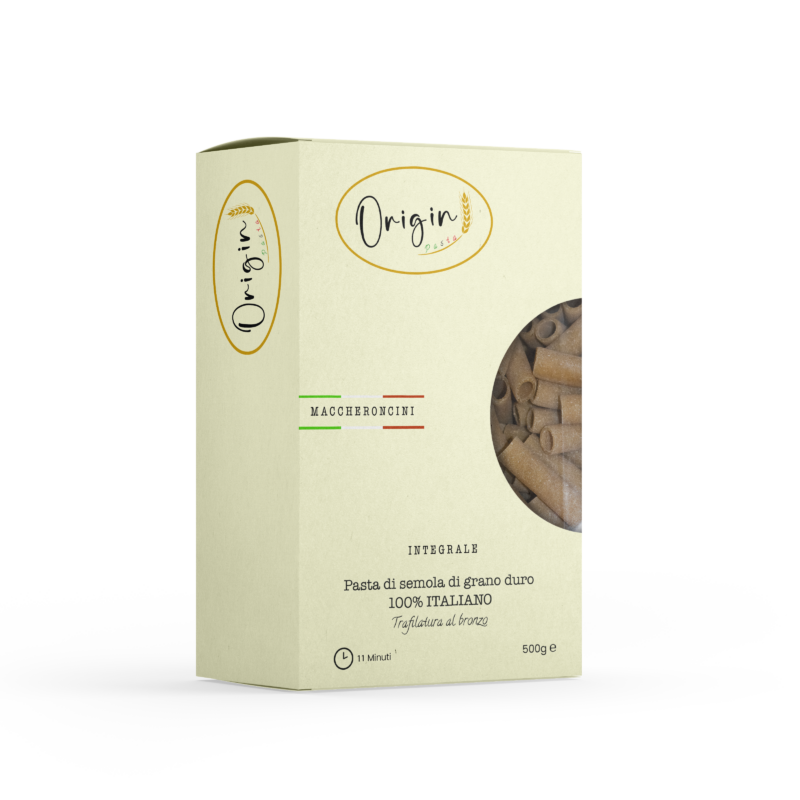 Immagine della confezione dei Maccheroncini integrali di Origin pasta