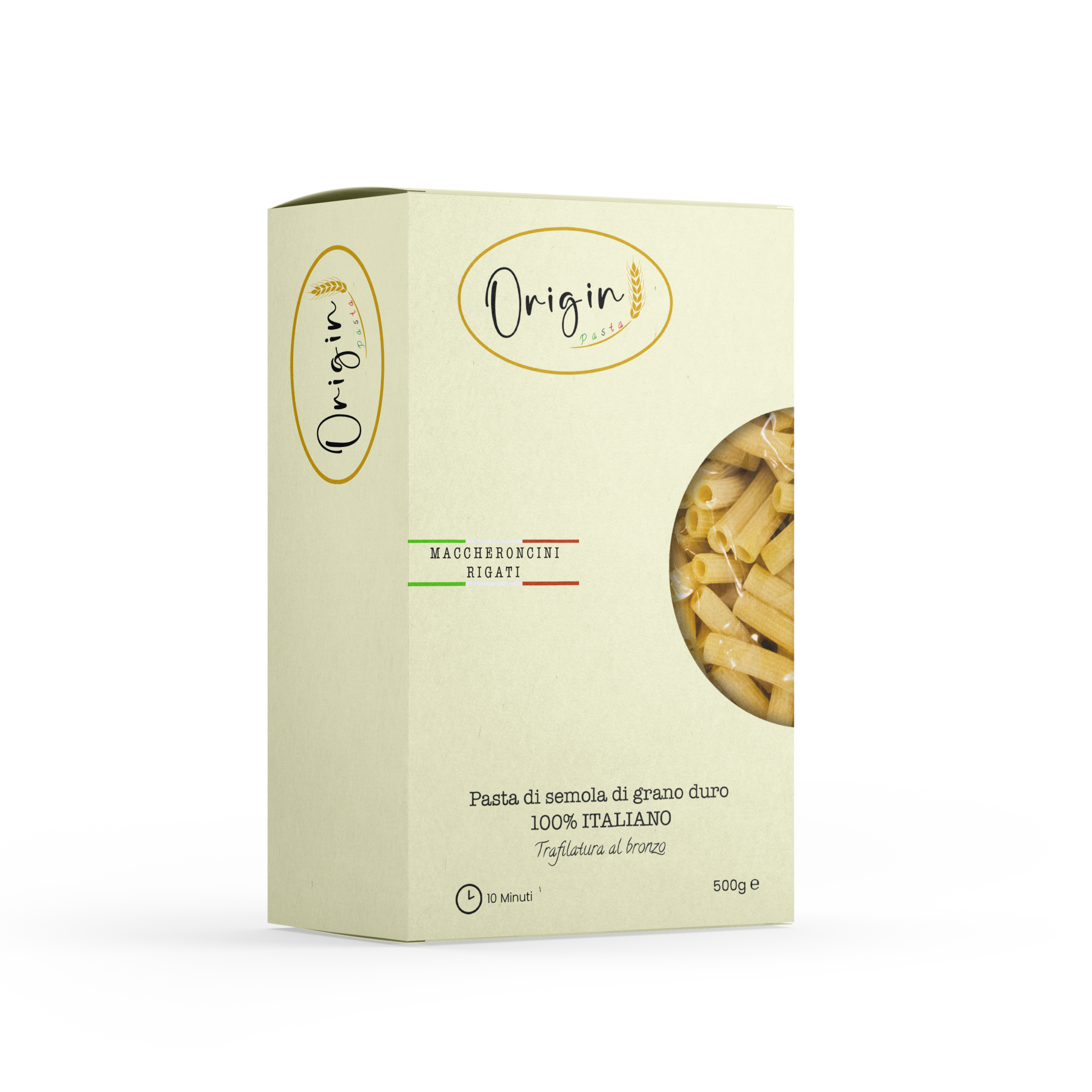 Immagine della confezione dei maccheroncini rigati di Origin pasta